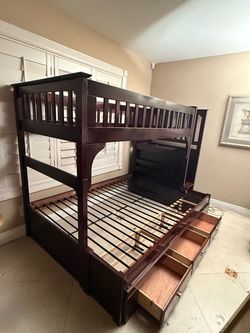 Solid wood twin bunk bed over full with storage drawers