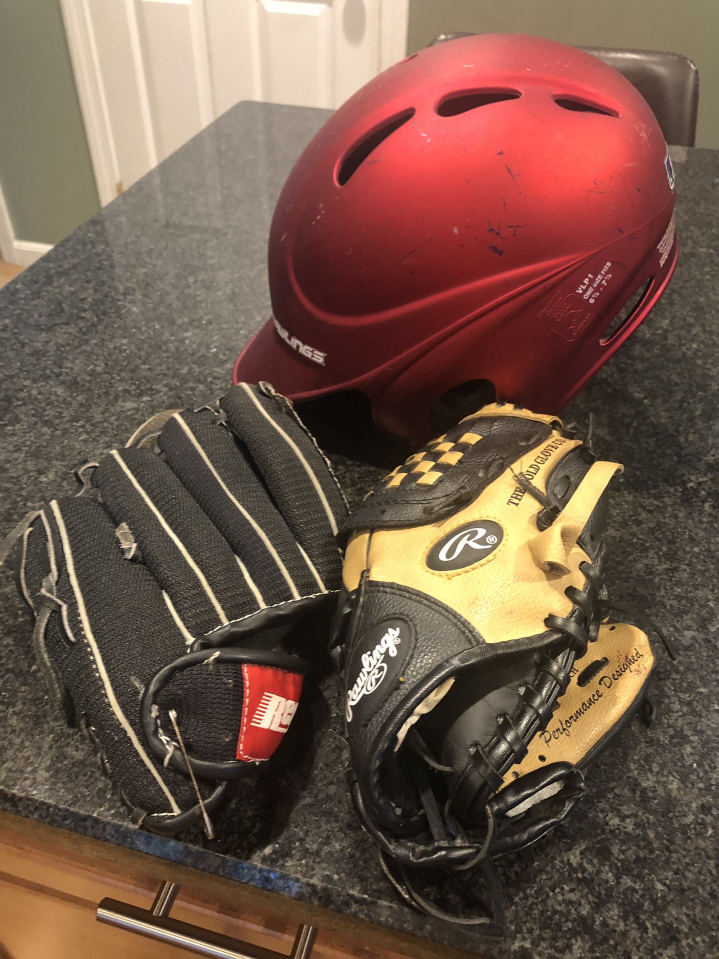 Kids baseball helmet and gloves