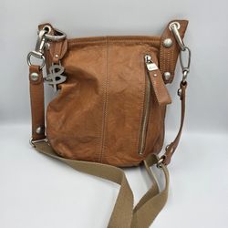 B. Makowsky Tan Beige Brown Leather Medium Shoulder Crossbody Purse