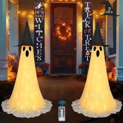 Halloween Ghosts Indoor Decoration ,2 Pack Standing LED Lights Ghosts with Remote Control and Adjustable Height,6FT Terror Banner, Scary Halloween Gho