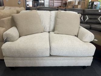 Beige Fabric Loveseat with Accent Pillows,$350