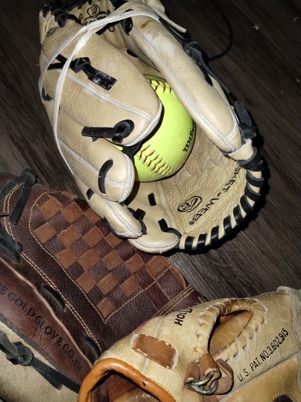 Softball Gloves (+ 1 Small Ball And 1 New Large Ball)
