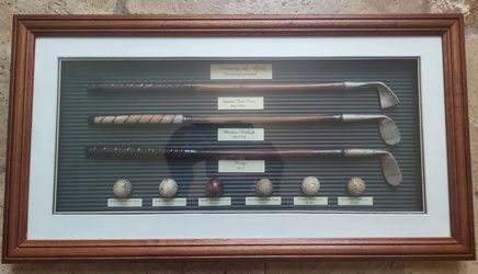 "History Of Golf" Framed Display Of Antique Golf Clubs & Balls, 22x12", Reproduction 