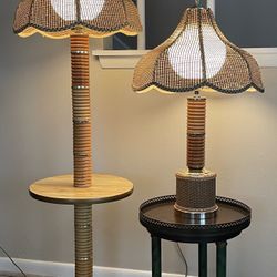 Set of VTG Split Pencil Reed Rattan & Brass MCM Floor Table lamp & Table Lamp