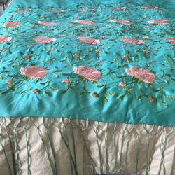 Antique 1920’s Aqua Silk Embroidered Floral Fringe Piano/Shawl