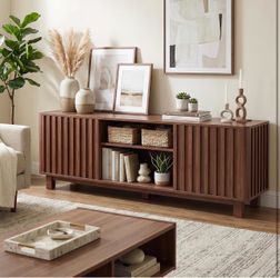 70 Inch Fluted TV Stand, Walnut Media Console with Outlets