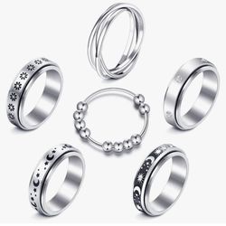 MUCAL Fidget Rings for Anxiety 8pcs Stainless Steel Spinner Ring Anti Anxiety Ring Spinning Moon Star Cool Stress Relieveing Rings for Women Men. Size