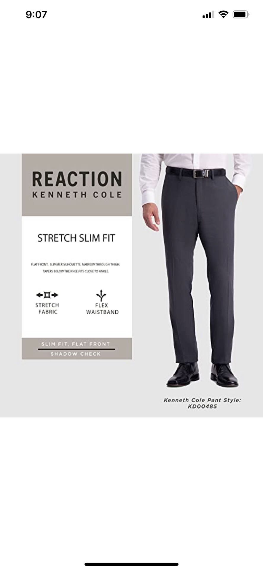 Kenneth Cole Men's Stretch Slim Fit Moisture-Wicking Black Sz 36Wx32L