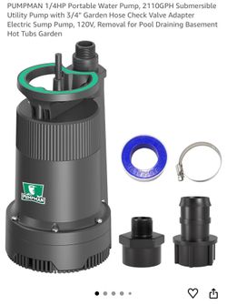PUMPMAN 1/4HP Portable Water Pump, 2110GPH Submersible Utility Pump with 3/4" Garden Hose Check Valve Adapter