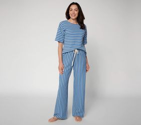 Peace Love World Regular Honeycomb Knit Top and Pant Set Chambray Stripe, Small