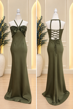 Olive Sequin Corset Lace-Up Maxi Dress