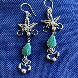 Cannabis-shaped Chrysocola Turquoise Earrings 