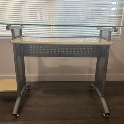 Glass Top Desk with pull out Keyboard tray and side panel