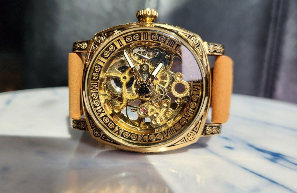 Mens Mechanical Perpetual Rotor Wind-up Gold Toned Skeleton Watch
