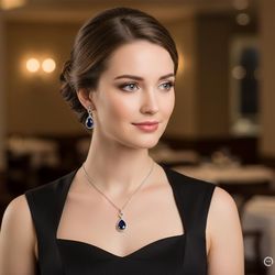 Natural Diamond Blue Sapphire Necklace & Matching Earrings Set