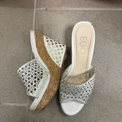 EGO Platform Wedge Heels in White Faux Leather 
