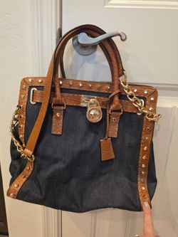 Michael Kors Hamilton Denim and Croc-Embossed Leather Satchel