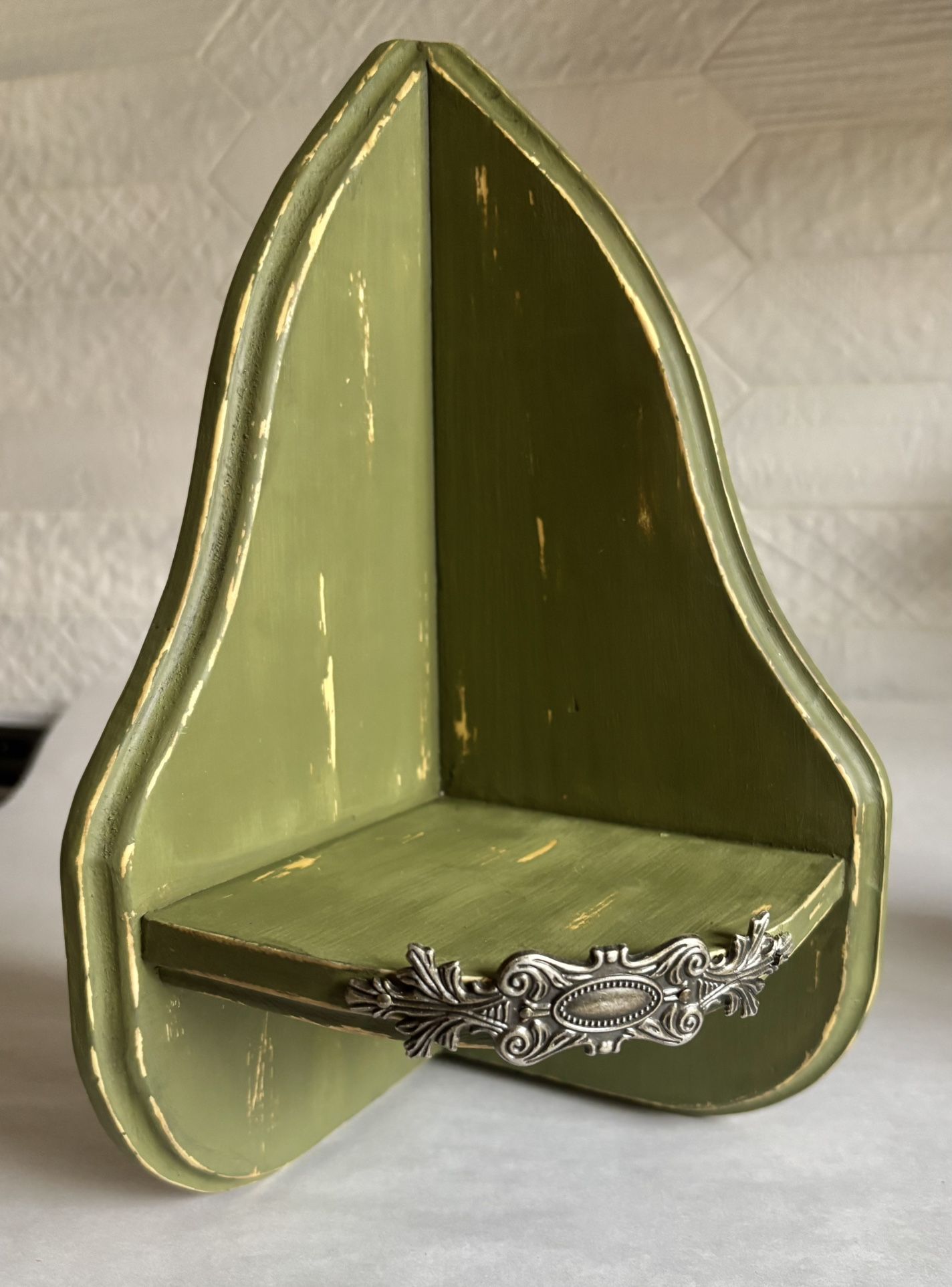 Vintage Upcycled Distressed Green Wood Corner Wall Shelf 