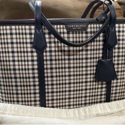 Tory Burch Perry Plaid Triple Compartment Tote In Navy Blue