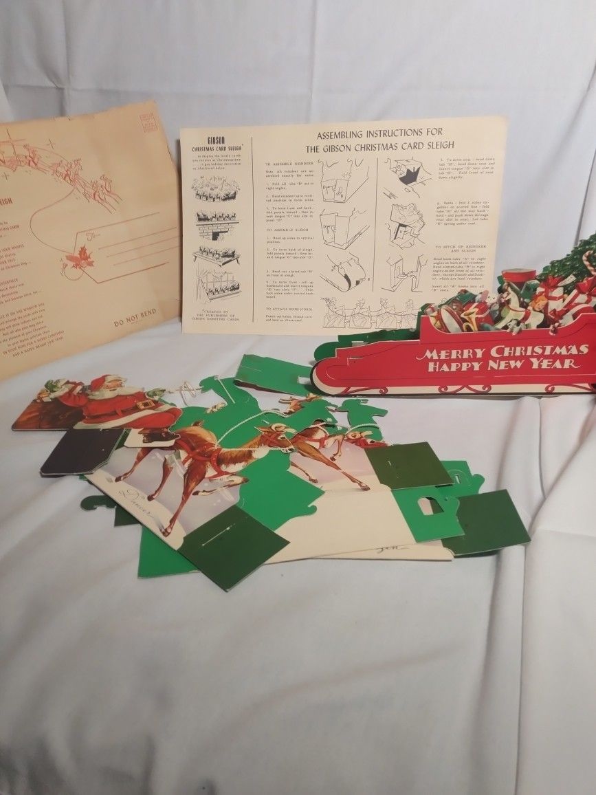 Vintage Christmas Sled And Santa And Reindeer Christmas Card By Gibson