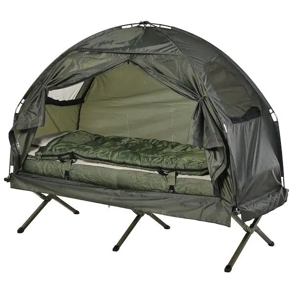Portable Camping Cot Tent with Comfortable Air Mattress, Warm and Cozy Sleeping Bag, and a Supportive Pillow