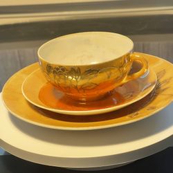 Nippon Antique 1920’s Peach Lusterware Eggshell Thistle Set Cup Saucer Dessert Plate