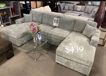 U shaped sectional sofa, double chaise grey corduroy