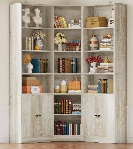 IRONCK Corner Bookshelf and Bookcase with 2 Storage Cabinets and 7 Tier Shelves, 71" Height Storage Shelves Corner Combination, Rustic Maple