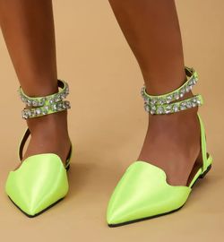 Shein Women's Size 9.5 (41) Lime Green Pointed-Toe Flat Sandals Crystally Straps. These shoes are neon lime green satin ballet flats featuring a point