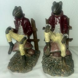Vintage Set Of 2 Gentlemanly Frog Sitting On Mushroom Bookends