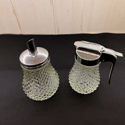 Vintage Diamond Point Glass Sugar & Cream / Syrup Dispenser Set