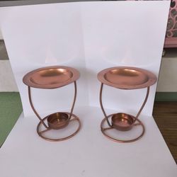 Pair of copper-toned metal oil burners or wax melt warmers