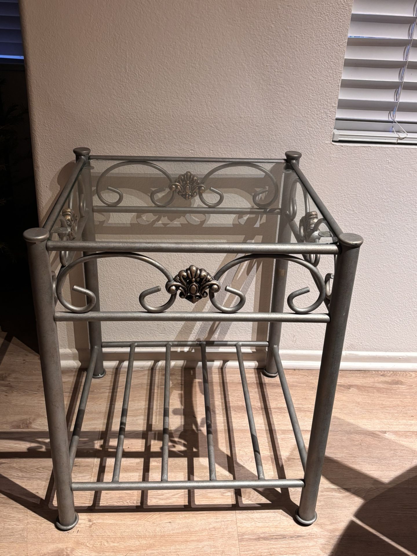 Metal & Glass End Table / Nightstand – Elegant Scroll Design