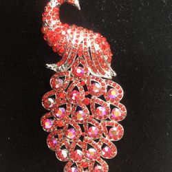 X-Large Peacock Brooch In Red Rhinestone 