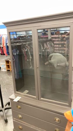Gray Wood China Cabinet with Glass Doors
