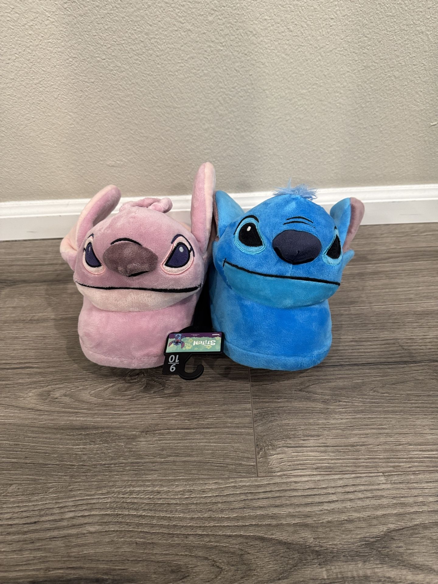 with tags Disney’s Stitch and Angel Plush Slippers Adult Women’s 9-10
