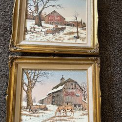 Two Vintage C.Carson Coke Cola/Pepsi Pictures On Canvas 11x13 