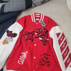 Chicago Bulls Off-White Red Varsity Jacket