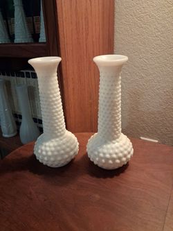 Vintage E.O. Brody Co. White Milk Glass Hobnail Bud Vases - Set of 2