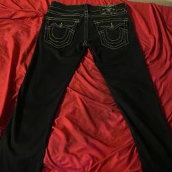 Brand New, Size 33, Never Worn Black Relaxed Rocco True Religion Jeans  With White Stitching 