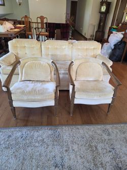 Vintage Beige Velvet Tufted Couch with Skirted Base With Side Chairs