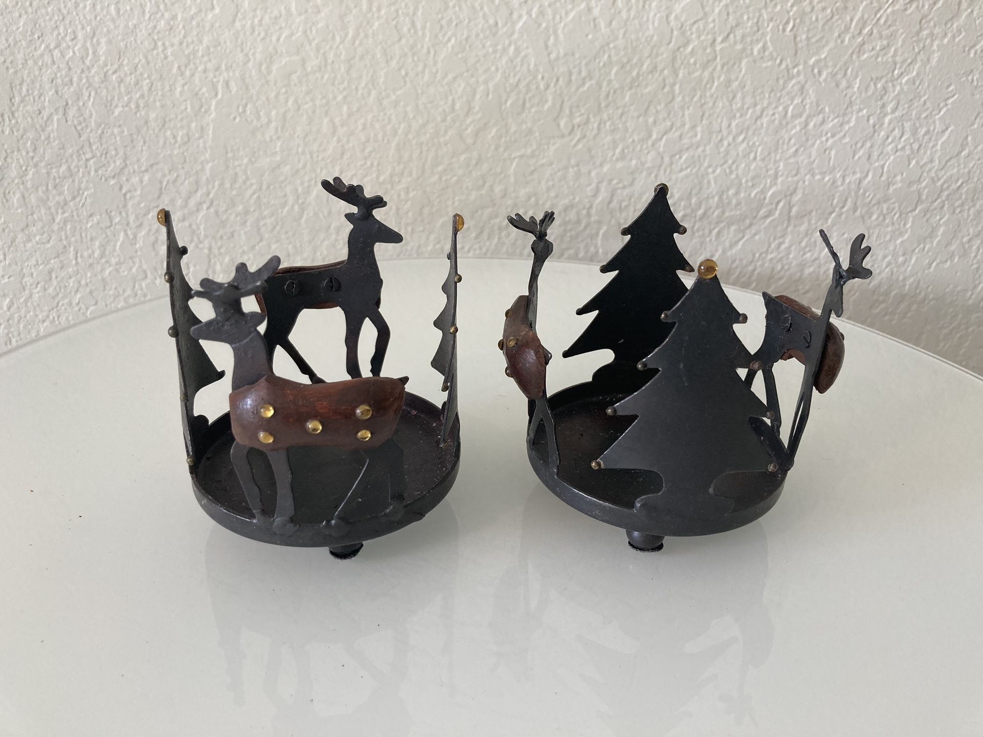 Pair Reindeer & Christmas Tree Candle Holders 