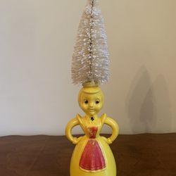Vintage Christmas bottle brush tree craft - plastic maid lady about 12.25” x 3.5”