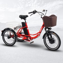 Folding Electric Tricycle For Adults - Red Trike Speed Up To 15 MPH - Pedal & Throttle Assist - Cargo & Basket *BRAND NEW*