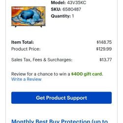 
Toshiba - 43" Class V35 Series LED Full HD Smart Fire TV (2024)
SKU: (contact info removed)
Rating 4.5 out of 5 stars with 202 reviews
4.5
(202 revie