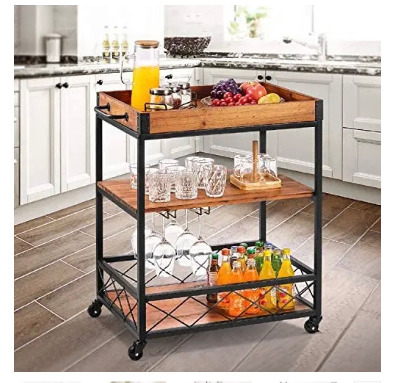 kealive Kitchen Bar Cart for Home Mobile Metal Wine Cart on Wheels with Handle Rack, Glass Holder, Removable Wood Box Container, Rustic Serving Cart 3