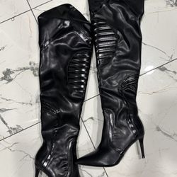 Black Moto Chic Leather Thigh High Boots 7 Women’s