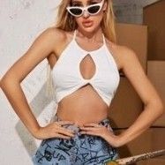 White Keyhole Halter Crop Top