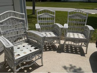 Set 3 heavy outdoor wood & wicker chairs