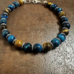 Blue and Yellow Tigers Eye Beaded  Bracelet with Silver Accents